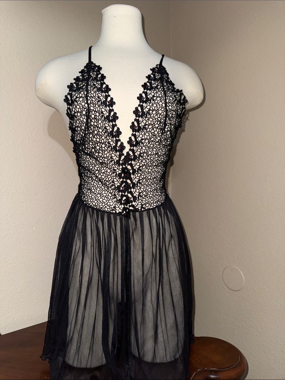 Black Lace & Sheer Mesh Chemise with Floral Applique